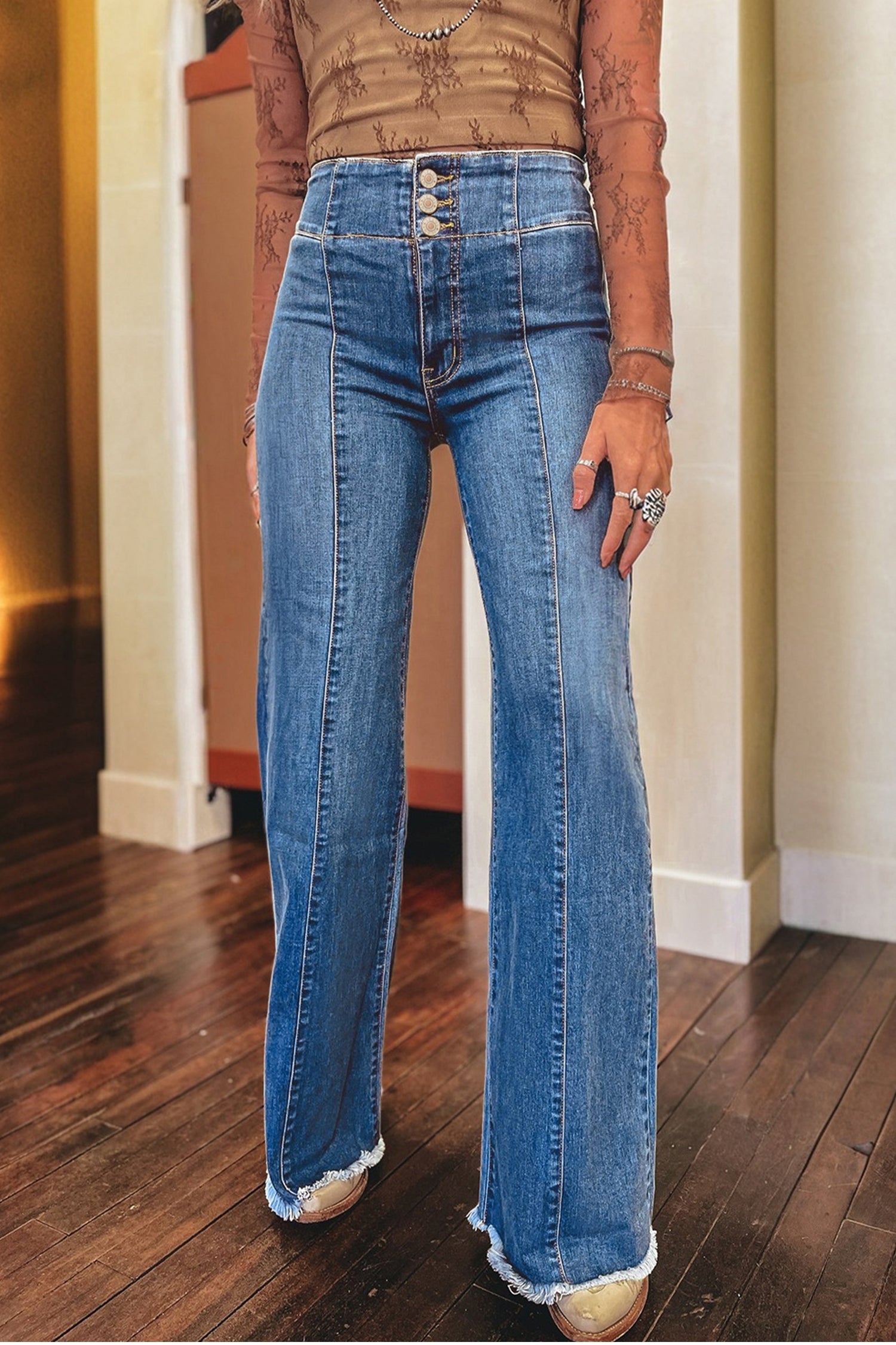 Sail Blue High Waist Button Fly Seamed Raw Hem Flare Jeans
