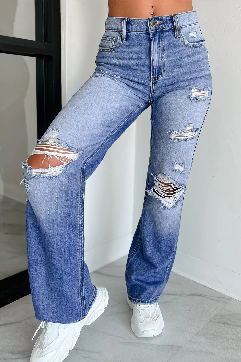 Myosotis Mid Rise Distressed Sneak Peek Straight Leg Jeans