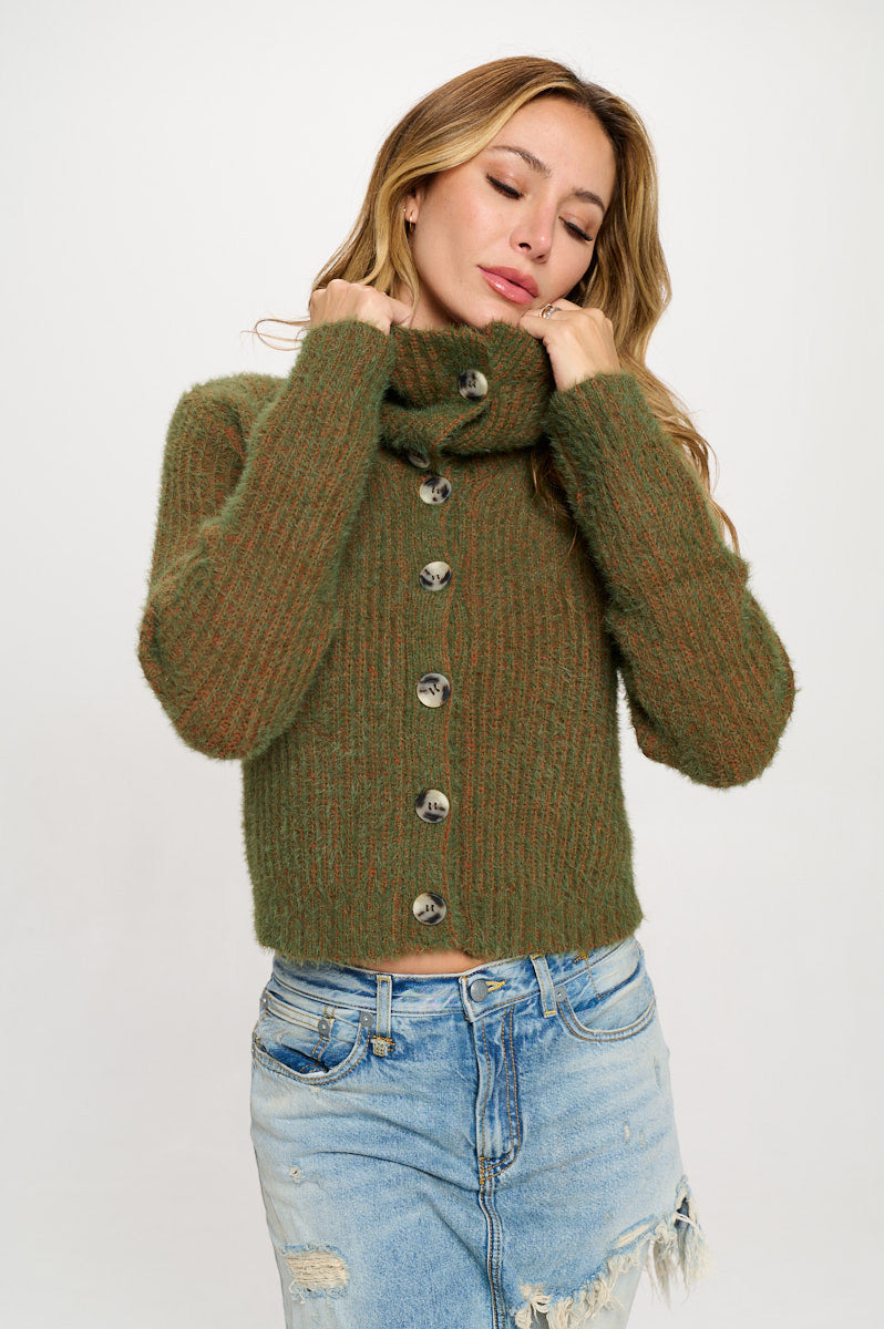 Knit Long Sleeve Collard Cardigan with Buttons