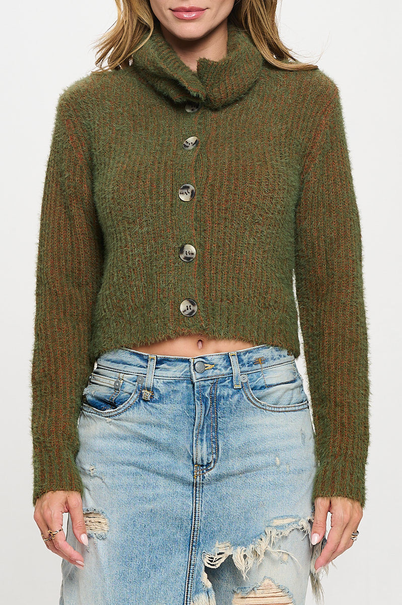 Knit Long Sleeve Collard Cardigan with Buttons