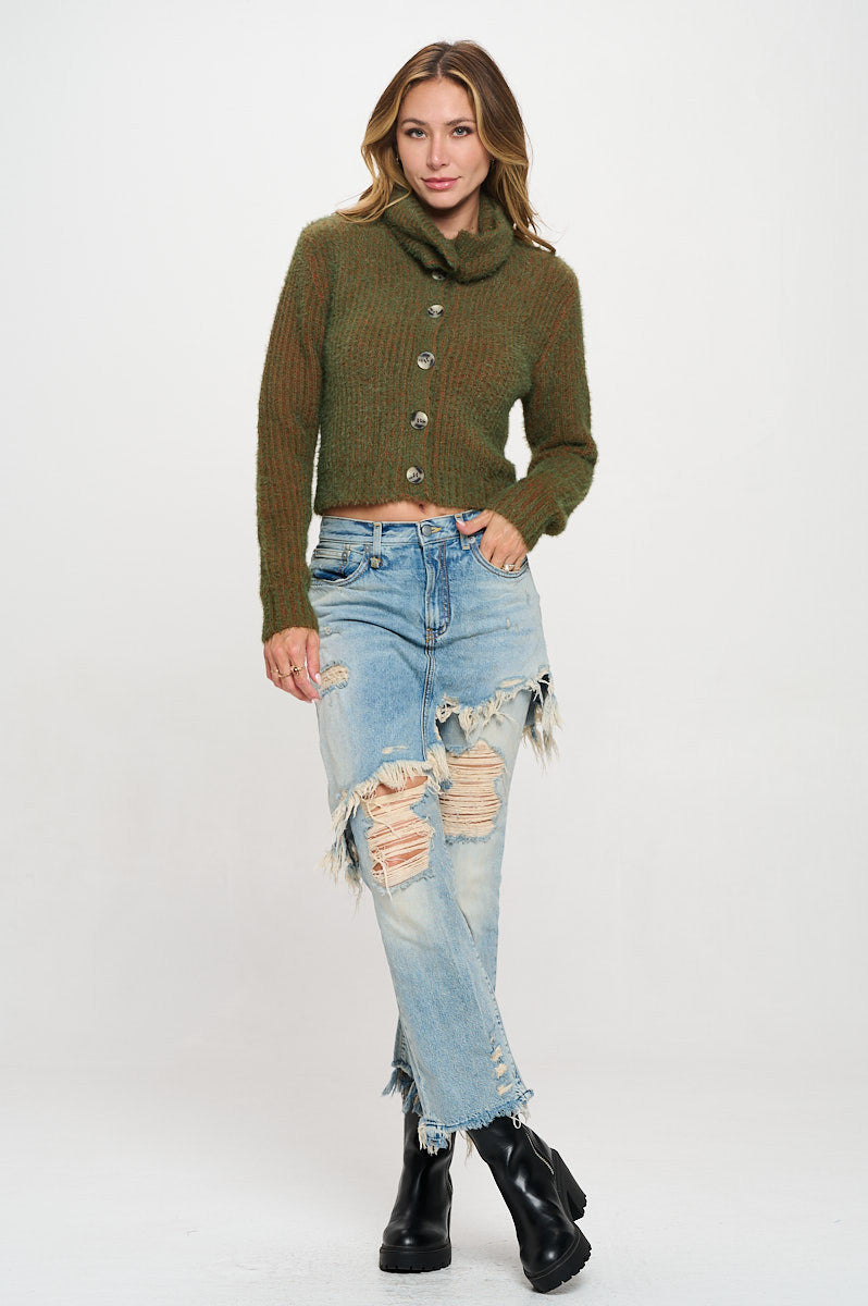 Knit Long Sleeve Collard Cardigan with Buttons