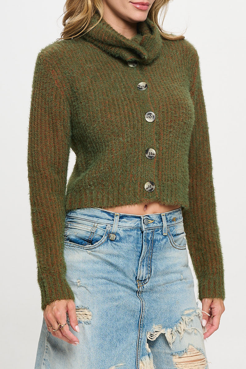 Knit Long Sleeve Collard Cardigan with Buttons